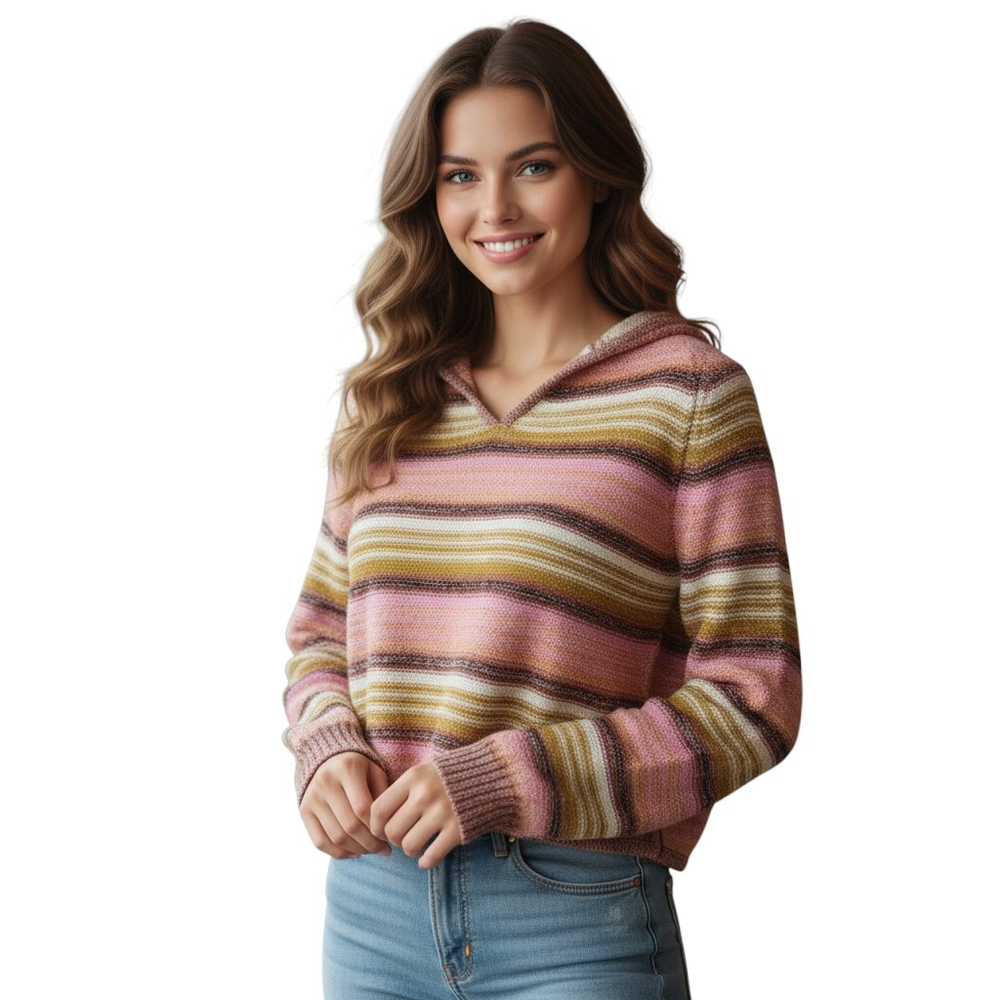Billabong On The Horizon Hooded Sweater Teens Youth L Pink Striped Cozy Pullover